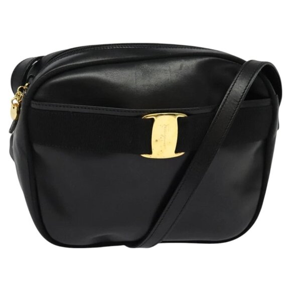 Salvatore Ferragamo Vala Shoulder Bag Leather Black Gold Auth 129395 - Picture 1 of 15
